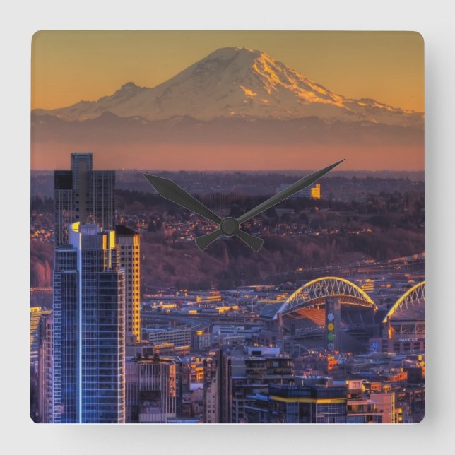Cityscape view of Seattle downtown, football Square Wall Clock (Front)