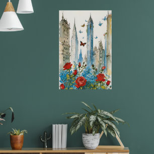 Cityscape with Roses, Forget-Me-Nots & Butterflies Poster