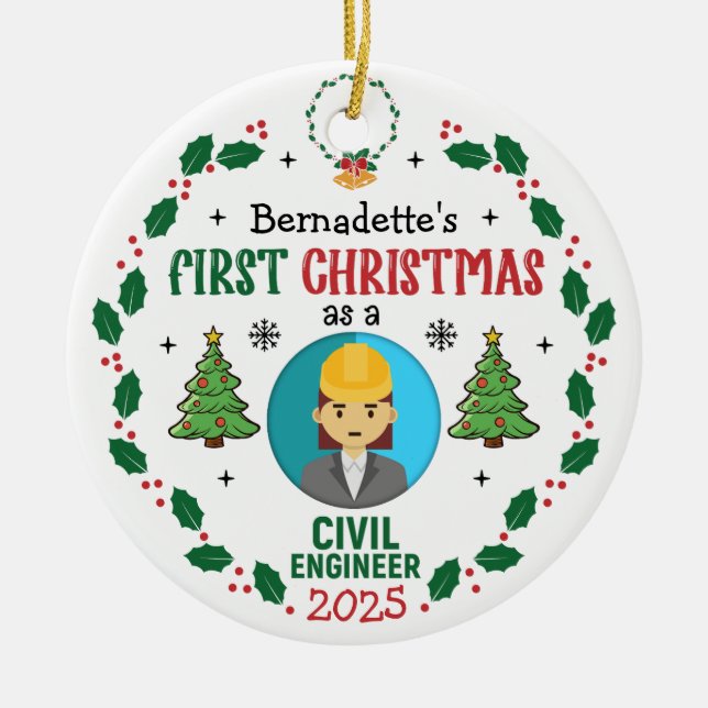 Civil Engineer First Christmas Personalised Ceramic Ornament (Front)