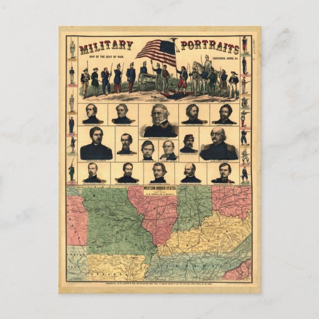 Civil War Border Military Portraits 1861, Restored Postcard (Front)