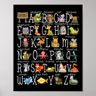 Ck To School Kids Cute Animals A-z Alphabet Abcs T Poster