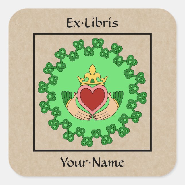 Claddagh and Green Knotwork Bookplate Square Sticker (Front)