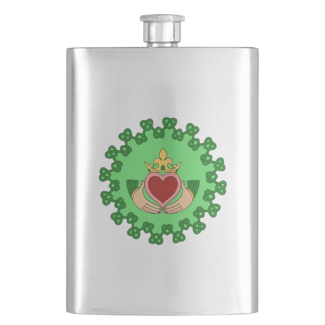 Claddagh and Green Knotwork Hip Flask (Front)