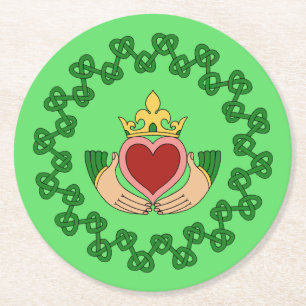 Claddagh and Green Knotwork Round Paper Coaster