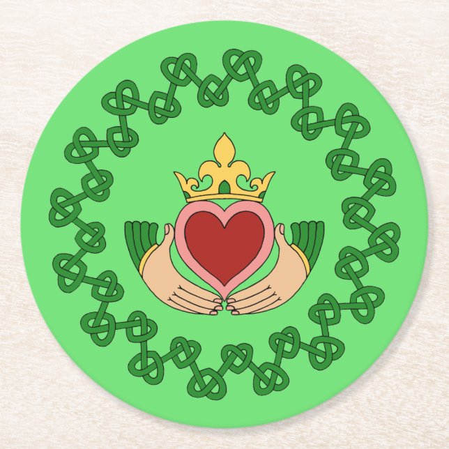 Claddagh and Green Knotwork Round Paper Coaster (Front)