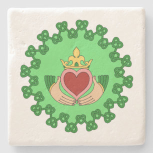 Claddagh and Green Knotwork Stone Coaster