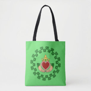 Claddagh and Green Knotwork Tote Bag