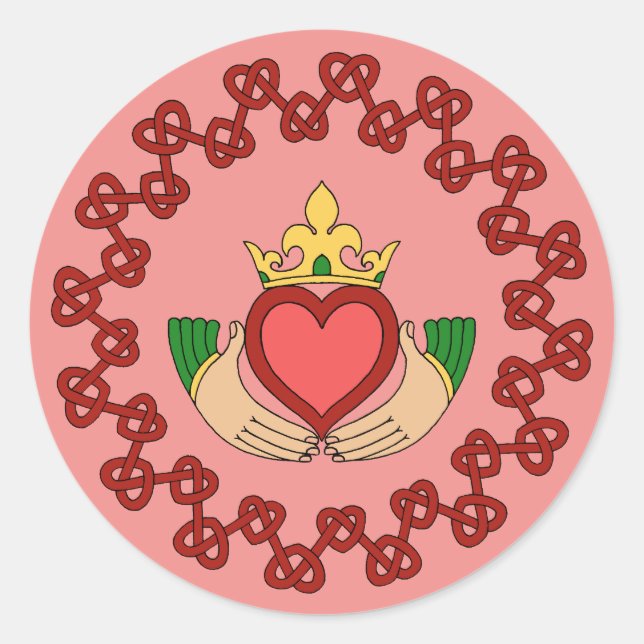 Claddagh and Red Knotwork on Pink Classic Round Sticker (Front)