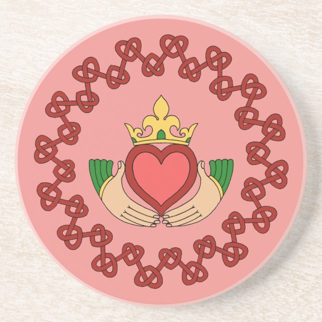 Claddagh and Red Knotwork on Pink Coaster (Front)