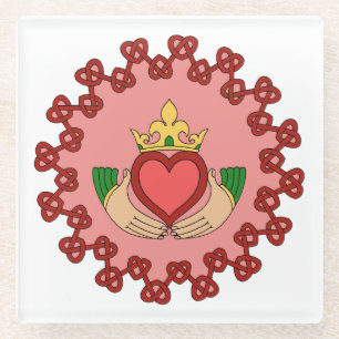 Claddagh and Red Knotwork on Pink Glass Coaster