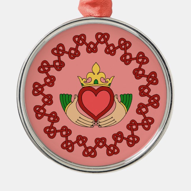 Claddagh and Red Knotwork on Pink Metal Tree Decoration (Front)