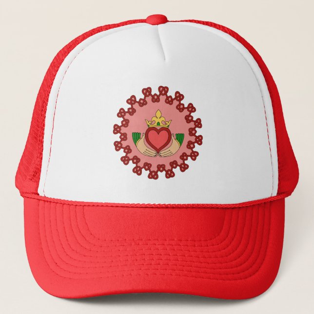 Claddagh and Red Knotwork on Pink Trucker Hat (Front)
