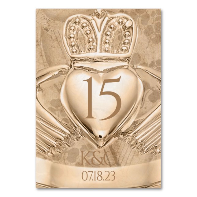 Claddagh Ring Wedding Initials & Shamrocks Table Number (Front)