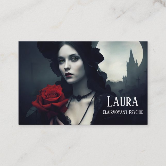 Clairvoyant Psychic Gothic Elegant Lady Red Rose Business Card (Front)