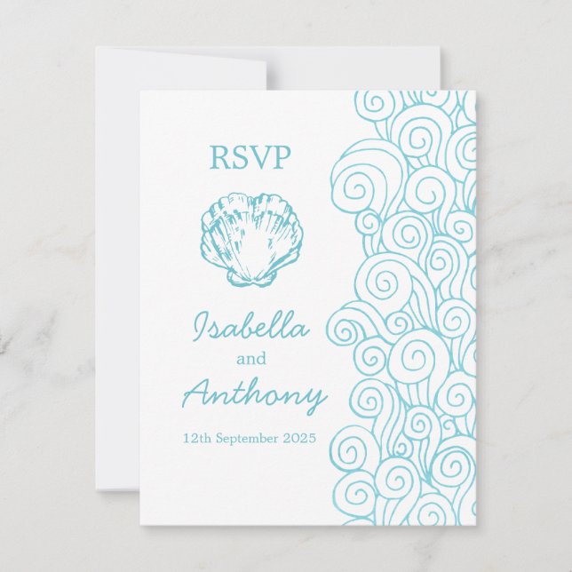 Clam shell & swirls blue & white art wedding RSVP (Front)