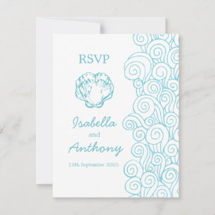Clam shell & swirls blue & white art wedding RSVP Card