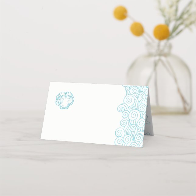 Clam shell waves aqua beach guest place cards (Front)