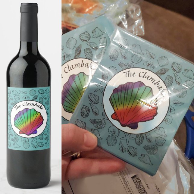 Clambake Rainbow Clam Shellfish Pattern Party Wine Label (Creator Uploaded)