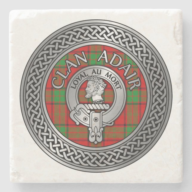 Clan Adair Crest & Tartan Knot Stone Coaster (Front)