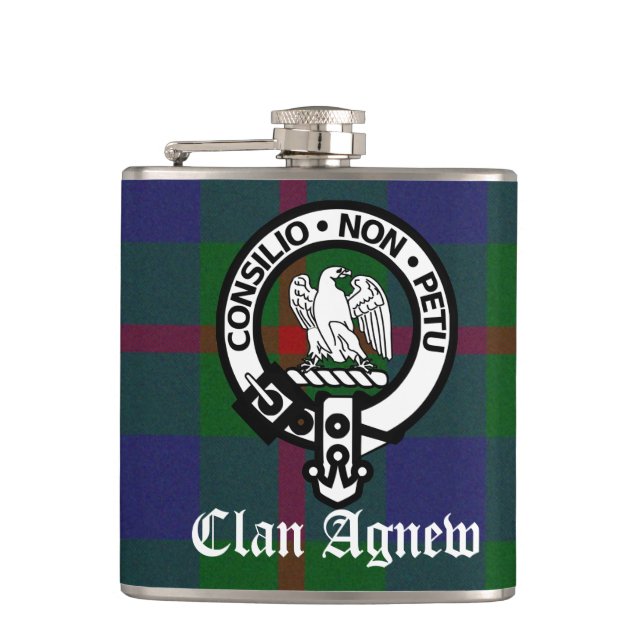 Clan Agnew Crest Badge and Tartan Hip Flask (Front)