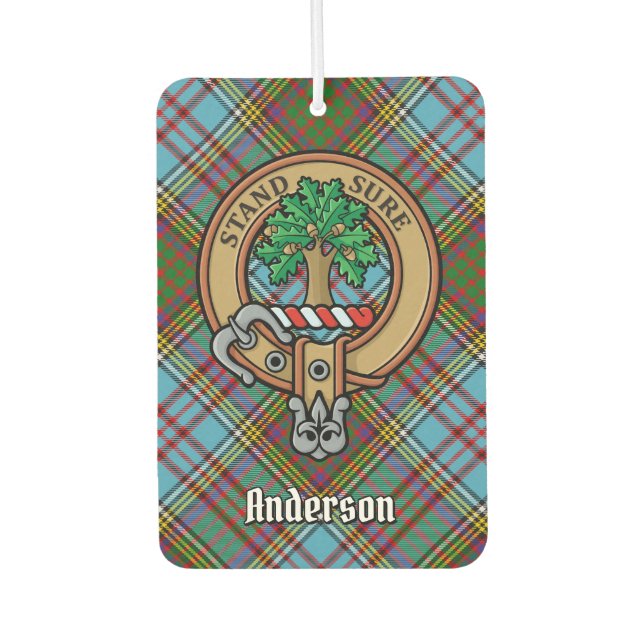 Clan Anderson Crest over Tartan Car Air Freshener (Front)