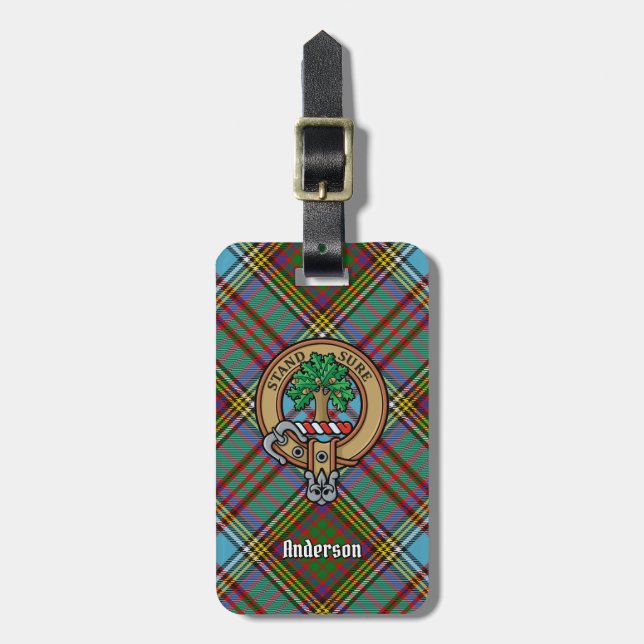 Clan Anderson Crest over Tartan Luggage Tag (Front Vertical)