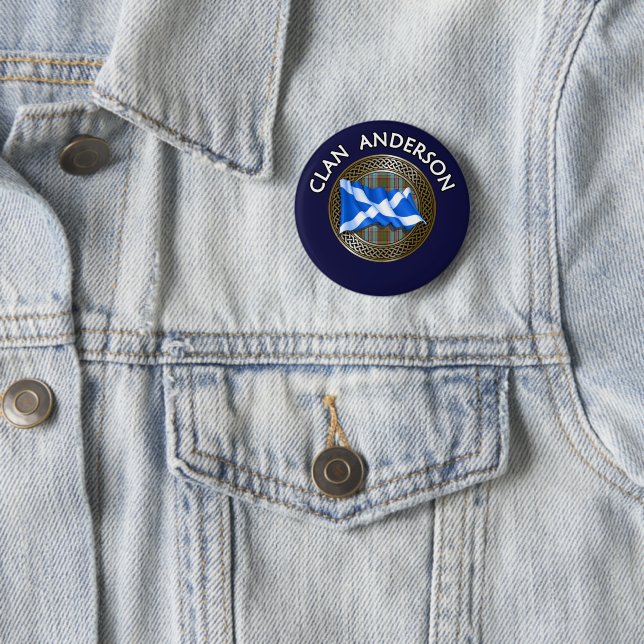 Clan Anderson Tartan Knot & Flag 6 Cm Round Badge (In Situ)