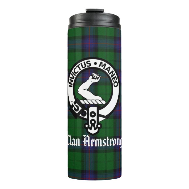 Clan Armstrong Crest Badge and Tartan Thermal Tumbler (Front)