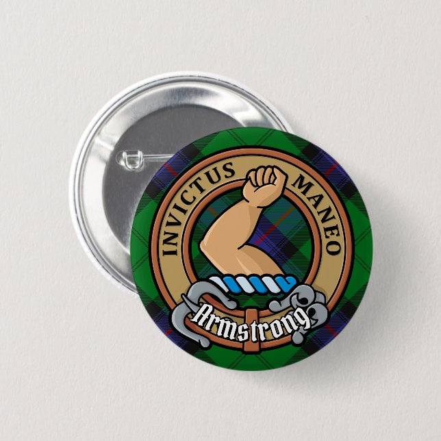 Clan Armstrong Crest over Tartan 6 Cm Round Badge (Front & Back)