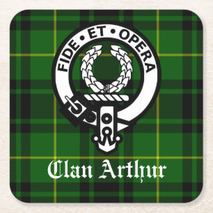 Clan Arthur Crest Badge & Tartan Square Paper Coaster