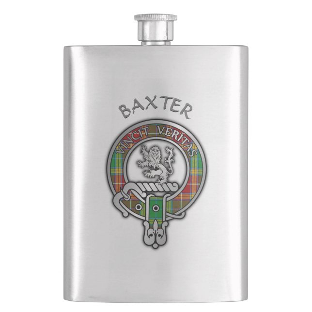 Clan Baxter Crest & Tartan Hip Flask (Front)