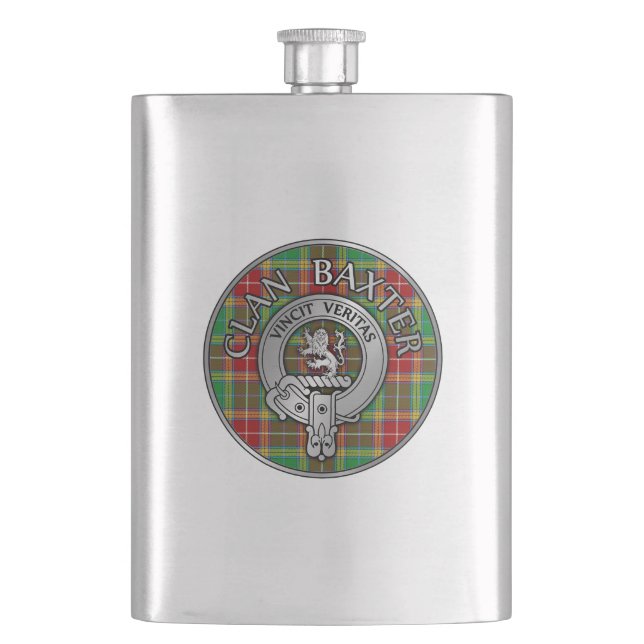 Clan Baxter Crest & Tartan Hip Flask (Front)