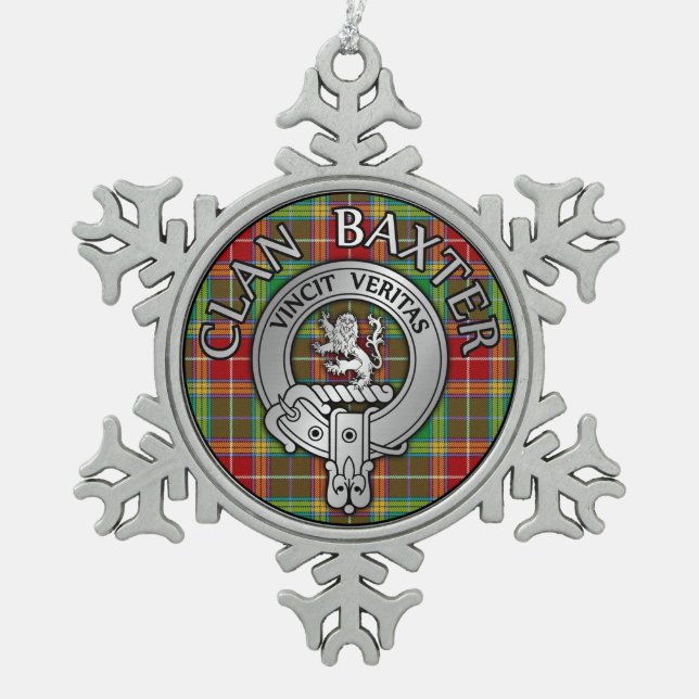Clan Baxter Crest & Tartan Snowflake Pewter Christmas Ornament (Front)