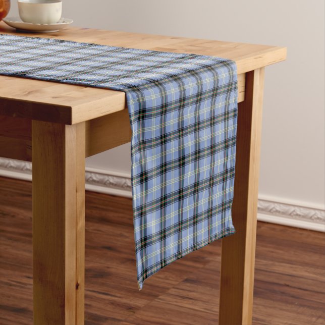 Clan Bell Light Blue and Black Scottish Tartan Short Table Runner (In Situ)