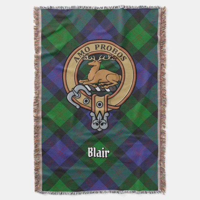 Clan Blair Crest over Tartan Throw Blanket (Front Vertical)