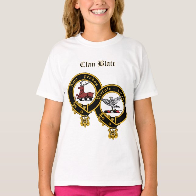 Clan Blair Crest with name Girl's Ruffle T-Shirt (Front)