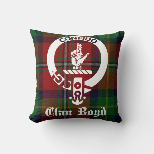 Clan Boyd Tartan and Crest Throw Pillow (Front)