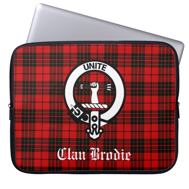 Clan Brodie Crest Badge and Tartan Laptop Sleeve (Front)