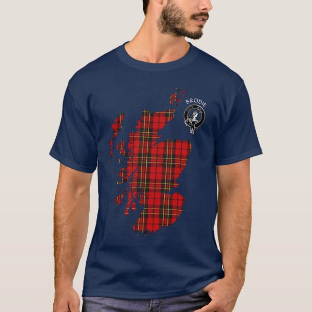 Clan Brodie Tartan Map & Crest T-Shirt (Front)