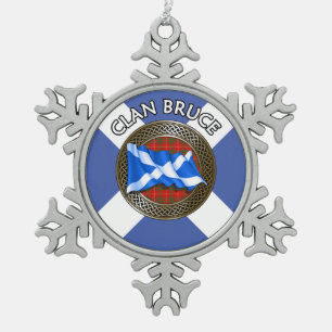 Clan Bruce Tartan Knot & Flag Snowflake Pewter Christmas Ornament