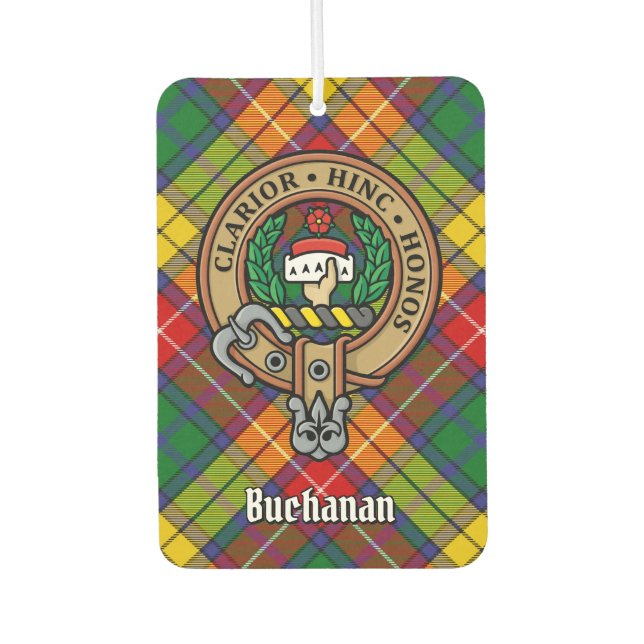 Clan Buchanan Crest over Tartan Car Air Freshener (Front)