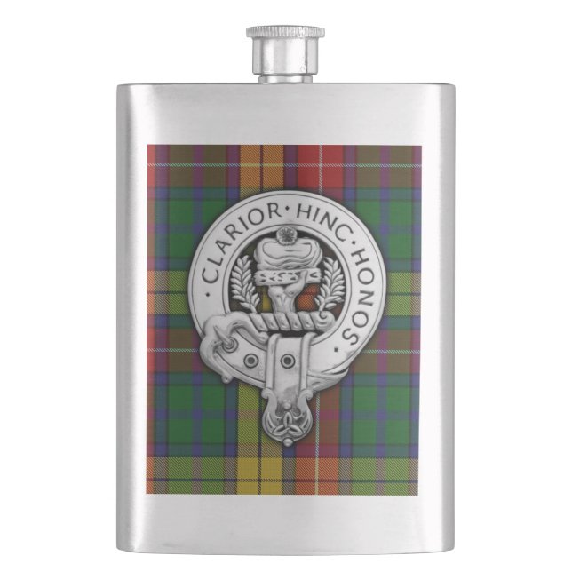 Clan Buchanan Crest & Tartan Hip Flask (Front)