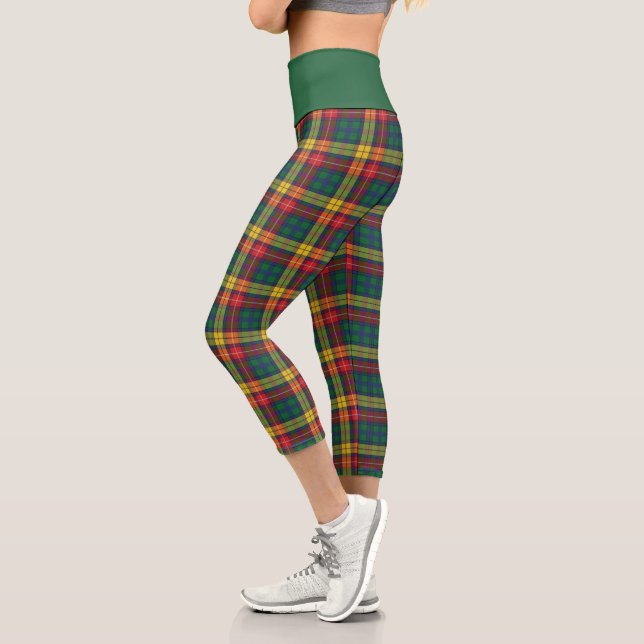 Clan Buchanan Plaid Red Green Yellow Capri Leggings (Left)