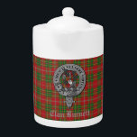 Clan Burnett Crest Badge & Tartan<br><div class="desc">Stylish teapot featuring Scottish Clan Burnett modern tartan background with clan crest badge and customisable text.</div>