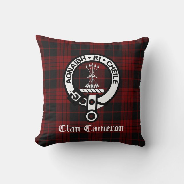 Clan Cameron Crest Badge and Tartan Cushion (Front)