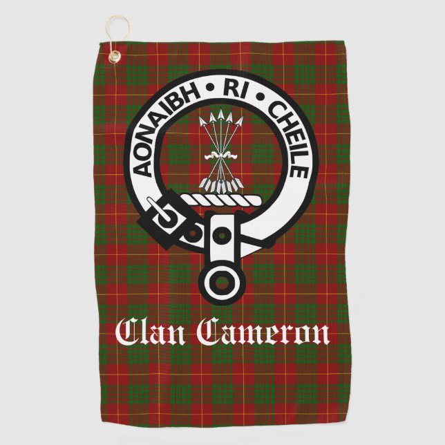 Clan Cameron Crest Badge & Tartan Customisable Golf Towel (Front)