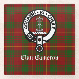 Clan Cameron Crest Badge & Tartan Customizable Glass Coaster