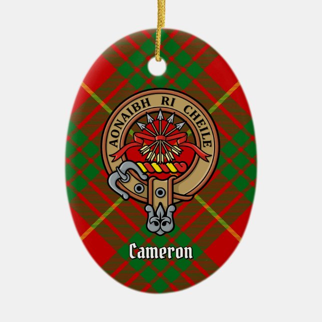 Clan Cameron Crest over Tartan Ceramic Ornament (Front)