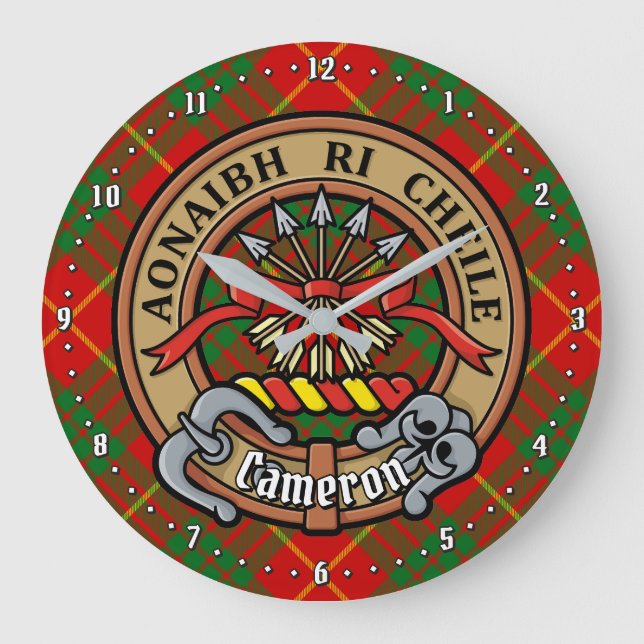 Clan Cameron Crest over Tartan Large Clock (Front)