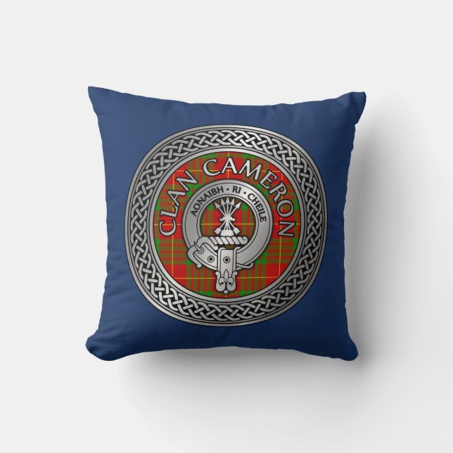 Clan Cameron Crest & Tartan Knot Throw Pillow (Front)